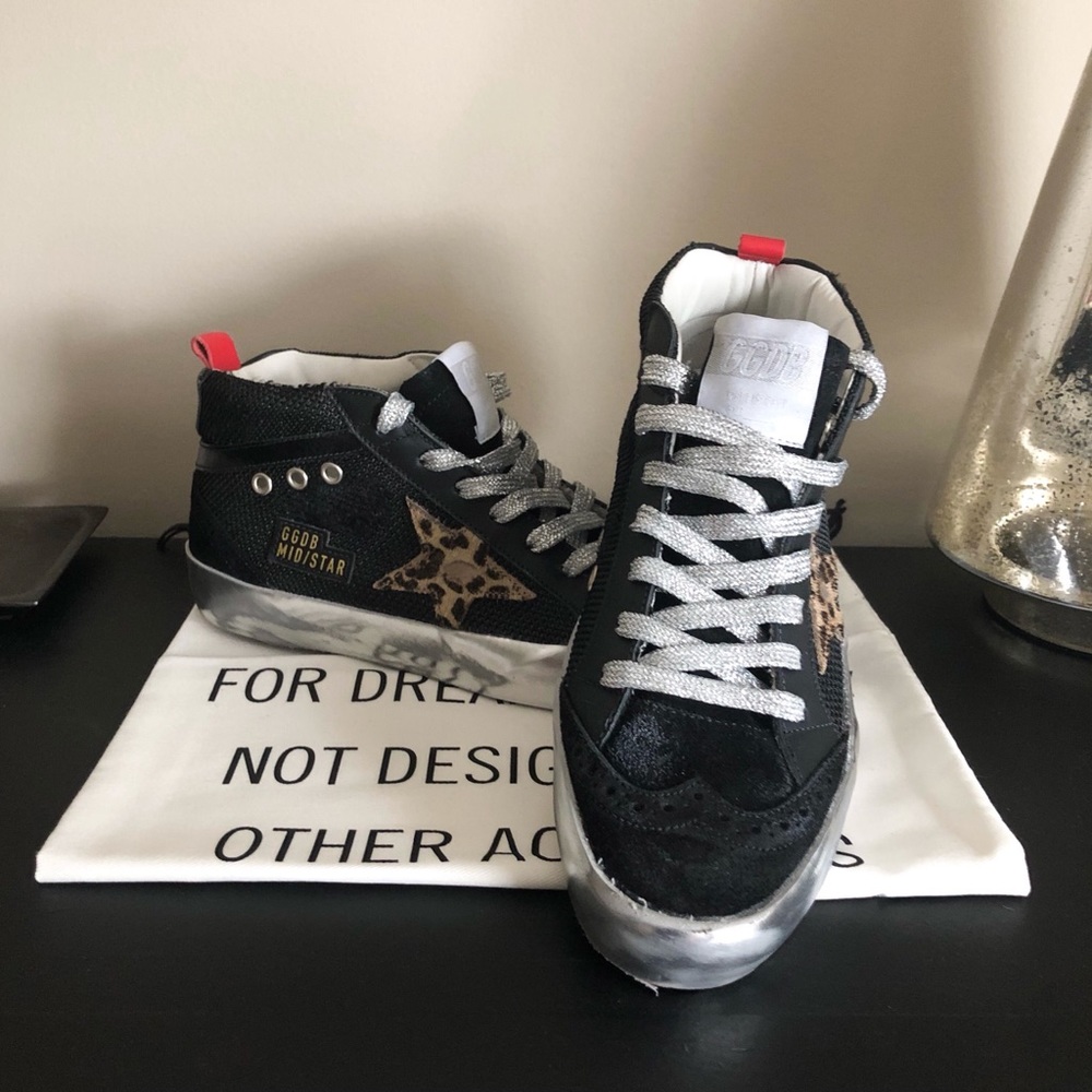 Golden Goose Black Mesh Suede and Pony Hair Leopard Mid Stars (Size 37)